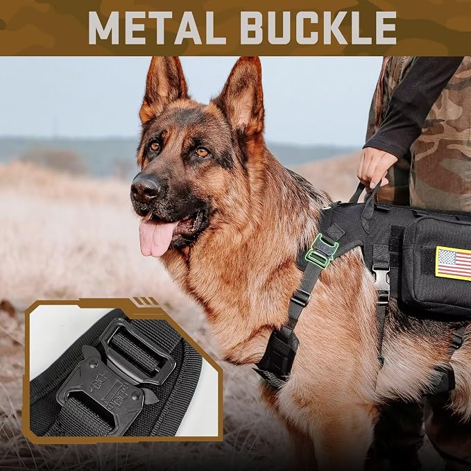 Forestpaw Tactical Dog Harness Tactical Dog Collar with Bungee Leash Set,No Pull Military Dog Harness for Walking Training,Adjustable for Medium Dogs,Black,Chest 17-25"