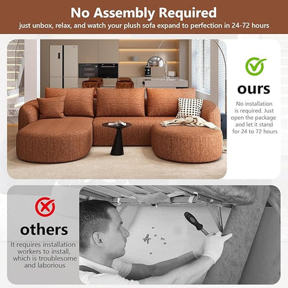 111" Modular Sectional Couches Luxury Modern Curved Back U-Shape Sofa Set with Ottoman,Minimalist Comfy Boneless Cloud Couch for Living Room Apartment,(Left Facing Chaise,Orange)