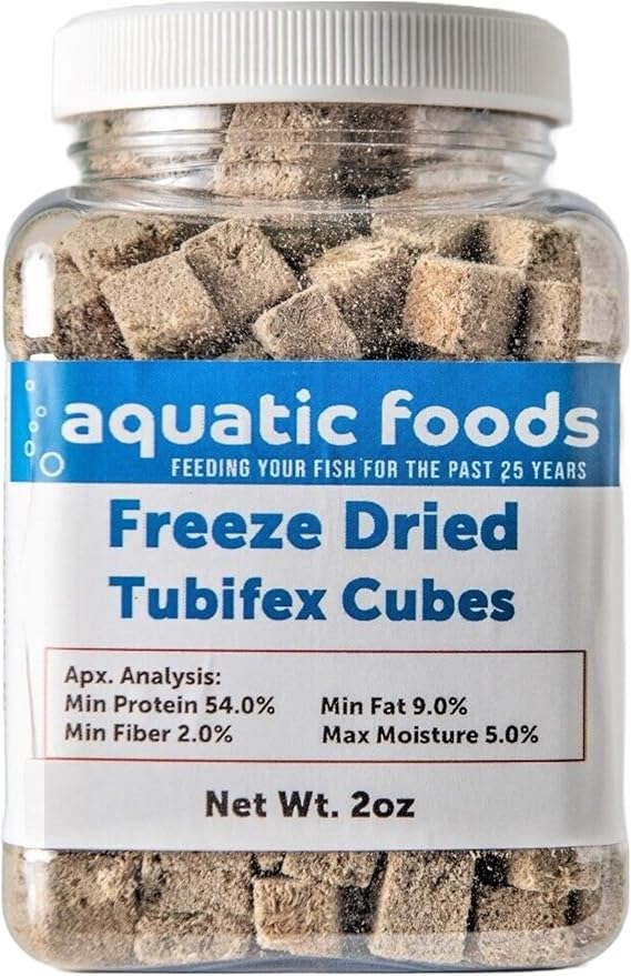 Aquatic Foods Inc. Tubifex Worm Cubes, Floating Freeze Dried Tubifex for All Tropical Fish, Cichlids, Discus, Tetras, Bettas, Goldfish, Angel Fish, Marine Fish, Koi & Pond Fish...2oz Small Jar