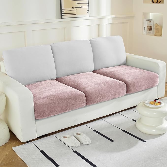 Couch Cushion Covers Individual Large Super Stretch Chenille (Softer Version) Sofa Cushion Covers, Couch Seat Covers Couch Slipcovers Furniture Protector (3PC, Pale Pink)