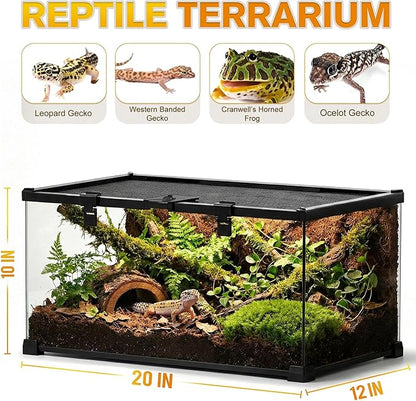 20"x12"x10" Reptile Terrarium, Escape-Proof Glass Terrestrial Vivarium for Small Desert Reptiles Such as Leopard Geckos, with Escape-Proof Lock & Feeding Hatch
