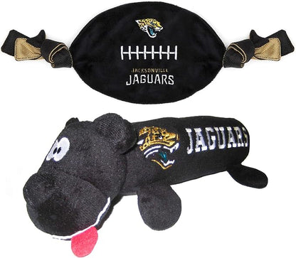 NFL Jacksonville Jaguars PET GIFT BOX with 2 Licensed DOG TOYS, 1 Logo-engraved NATURAL DOG TREAT, 1 NFL JERSEY, 1 NFL Puppy Training Bells & 1 Car Seatbelt