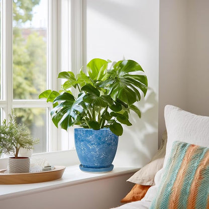 6 Inch Ceramic Plant Pot - Ceramic Planters with Drainage Hole and Saucer, Round Decorative Planter, Modern Planters for Indoor Outdoor Plants, Desk Office Decor, Housewarming Gifts, Blue