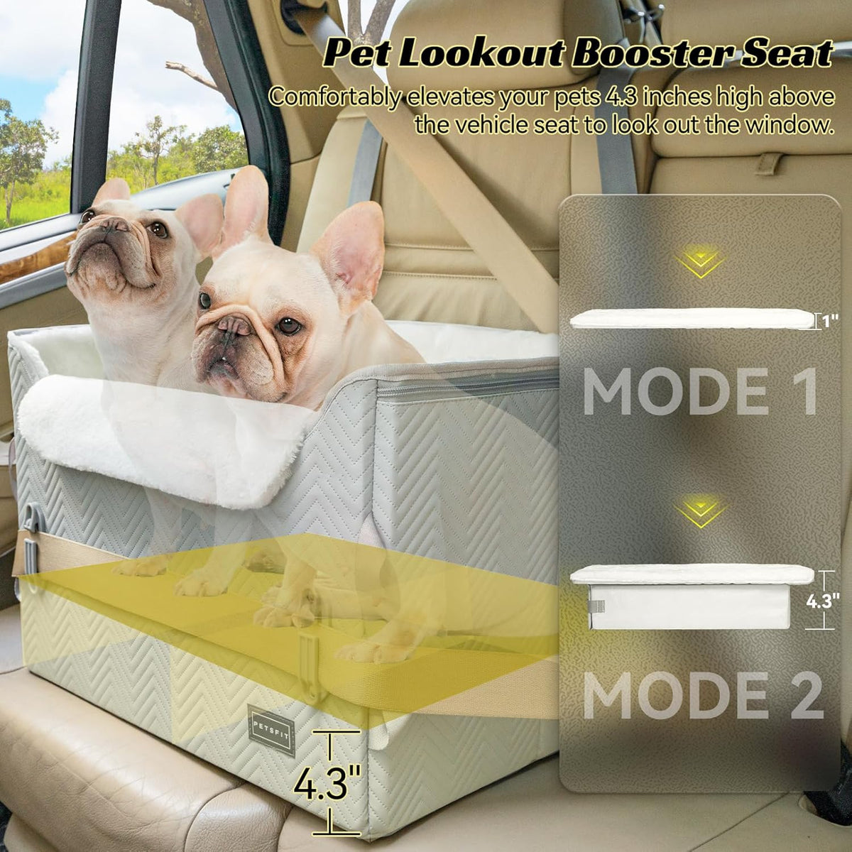 PETSFIT Dog Booster Car Seat, Waterproof PU Leather Car Seat for Dogs with Patented Safe Buckles, 2 Clip-On Safety Leashes, Suitable for 2 Small Dogs or a Medium Dog (Medium, Grey)