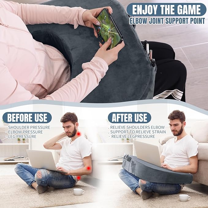 HOMBYS Extra Large Arm Rest Pillow for Adult Gaming,Lap Desk Pillow,Crochet Pillow for Lap Support,Foam Bed Rest Pillow for Reading (Dark Grey)