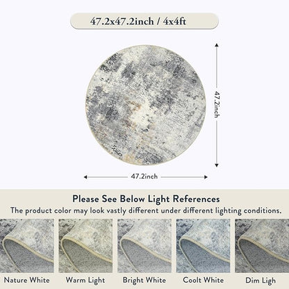 Lahome Modern Abstract Round Rug - 4Ft Grey Small Bathroom Rug Indoor 4x4 Circle Rugs Washable Kitchen Mat, Non Slip Contemporary Bedroom Carpet for Living Dining Room Office Nursery