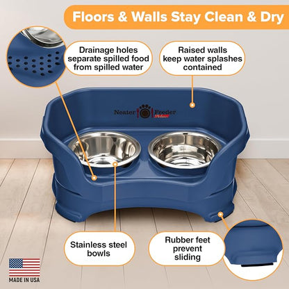 Neater Pet Brands Neater Feeder Deluxe Mess Proof Cat Bowls Elevated, Made in USA, No Spill Raised Bowls for Indoor Cats, Stainless Steel Food and Water Bowl Set, Pet Dish Feeding Station, Dark Blue