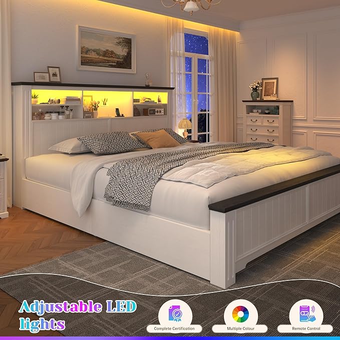 EnHomee King Size Bed Frame and Headboard & Storage, 4 Drawers and LED Built in Charging Station King Bed Frame with Storage Farmhouse,NO Noise,No Box Spring Needed,White