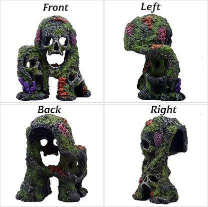 Betta Fish Tank Decorations Hideout - Triple Skull Hiding Cave for Aquarium, Resin Ornament with Artificial Moss Texture and Multiple Entrances for Shrimp, Small Fish - 7.3x4.9x6.1inch