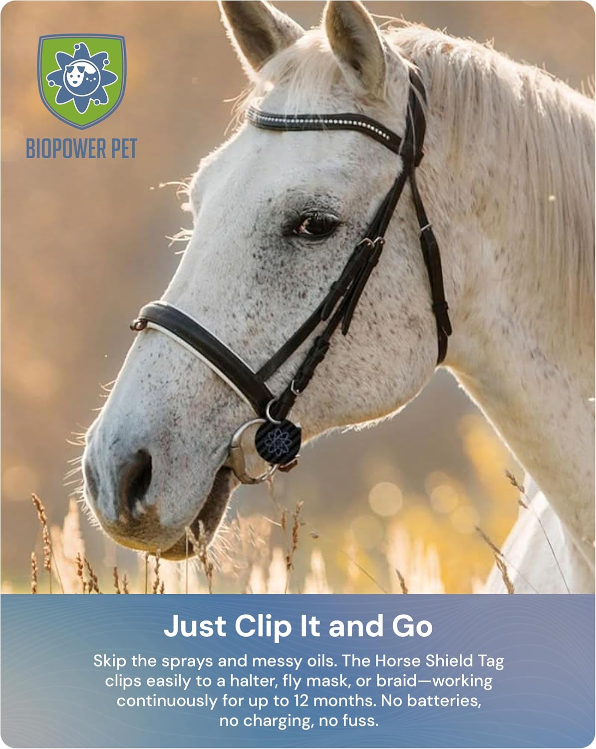 BioPower Natural Fly & Tick Repellent for Horses - Horse Shield Tag with 1-Year Bioresonance Protection – Chemical-Free, Waterproof Carbon Tag That Clips to Halter – Non-Toxic Pest Defense