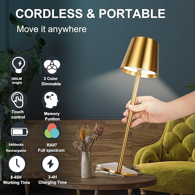2 Pack Gold Cordless Table Lamp Rechargeable, Metal Small Bedside Table Lamp with 3 Adjustable Pole, 5400mAh Battery Operated Touch Lamp for Bedroom Kitchen Dining Waterproof & Portable