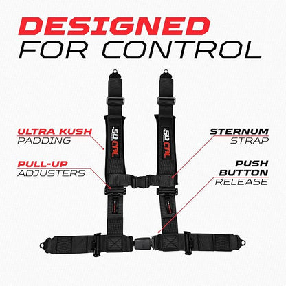 1pc 50 Cal Black 4 Point Harness 2in Straps, Racing Harness Seat Belt | Ultra Kush padding, Push Button quick release hardware. Universal Fit for UTV, RZR, race car.