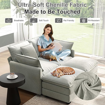 58" Cloud Couch Loveseat, Deep Seat Modular Sectional Sofa with 4 Removable Washable Pillows and 2 Ottoman for Living Room, Bedroom, Apartment, Light Grey