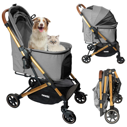Foldable Pet Stroller for Dogs and Cats, 33 lbs Capacity, 360° Swivel Front Wheels, One-Click Fold, Brake System, Leash & Lock Clips, Removable Washable Padding, and Cup Holder (Gray, 33 lbs)