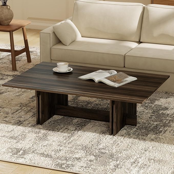 47 Inch Modern Farmhouse Coffee Table, Large Rectangular Wood Center Table with Cross Base for Living Room, Rustic Industrial Cocktail Table, Walnut
