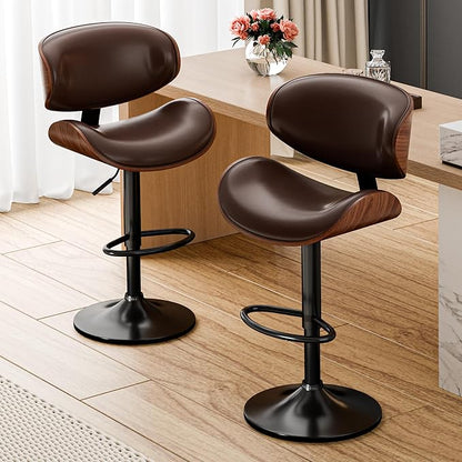 Aowos Bar Stools, Adjustable Swivel Barstools for Kitchen Island, Mid Century Modern Leather Upholstered Counter Height Bar Chairs with Back & Footrest (Brown 1PCS)