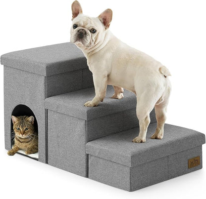 Dog Stairs with Storage, 3-Step Wider Sturdy Dog Steps for Small/Medium/Large Dogs and Older Cats, Doggie Ramp with Condo for Bed/Couch/Car Hold Up to 180 lbs (17.7" H, Grey)