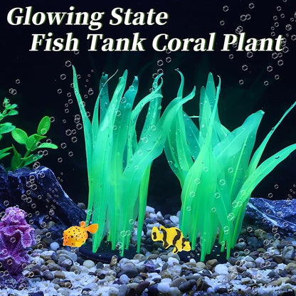 Aquarium Glowing Kelp Plant, Soft Silicone Glowing Fish Tank Decorations, Fluorescence Coral Decor for Aquarium Decor Green 2pcs