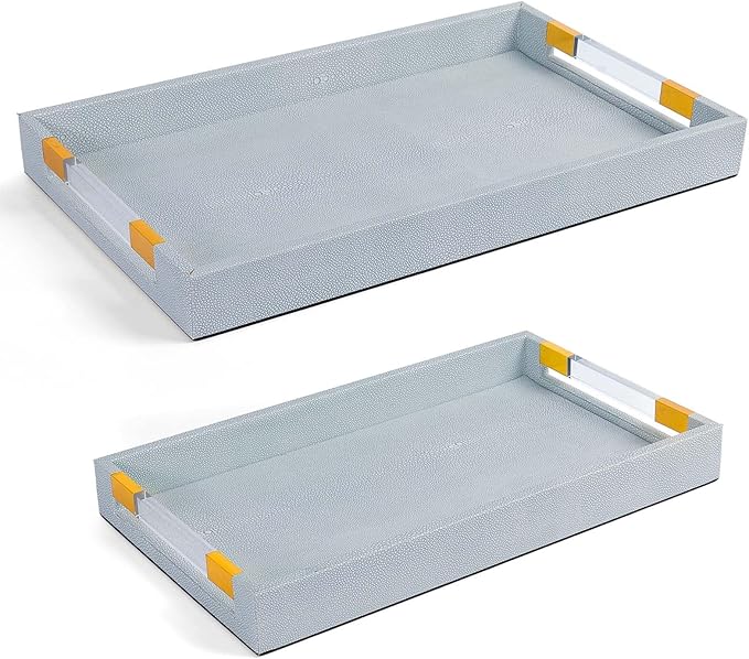 2 Pack Large Ottoman Tray Shagreen Decorative Tray Serving Tray with Acrylic Gold Handles, Ice Blue Vegan Leather Coffee Table Tray for All Occations Home Decor