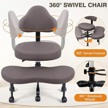 Cross Legged Office Chair, Criss Cross Desk Chair ADHD Meditation Kneeling Yoga Seat with Adjustable Height, Lumbar Support, Wider Footrest and Wheels (Dark Brown)