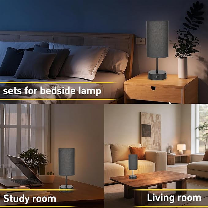 Bedside Table Lamp for Bedroom - 3 Way Dimmable Touch Lamp USB C Charging Ports and AC Outlet, Black Base Round Flaxen Fabric Shade for Living Room, Desk, LED Bulb Included(Black)