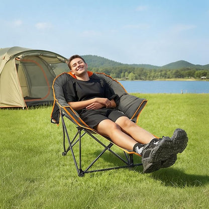 OUTDOOR LIVING SUNTIME Oversized Padded Comfy Camping Chair with Removable Footrest，Weight Capacity 400LBS, Heavy Duty Moon Round Leisure Folding Chair for Camping, Hiking, Carry Bag, Orange