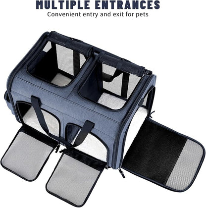 Cat Carrier for 2 Cats, Foldable Double Cat and Dog Carrier, Small to Medium Size, 2 Front Zippered Compartments,Two Pets Carrier for Outdoor Travel,Mulitple Cat Carrier, Grey