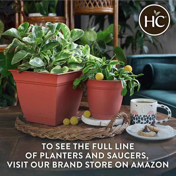The HC Companies 16 Inch Eclipse Round Planter Pots with Drainage Holes & Attached Saucer, Lightweight UV-Resistant Plastic Indoor & Outdoor Planters, 2-Pack Flower Pots, Garden Home Decor, Sandstone