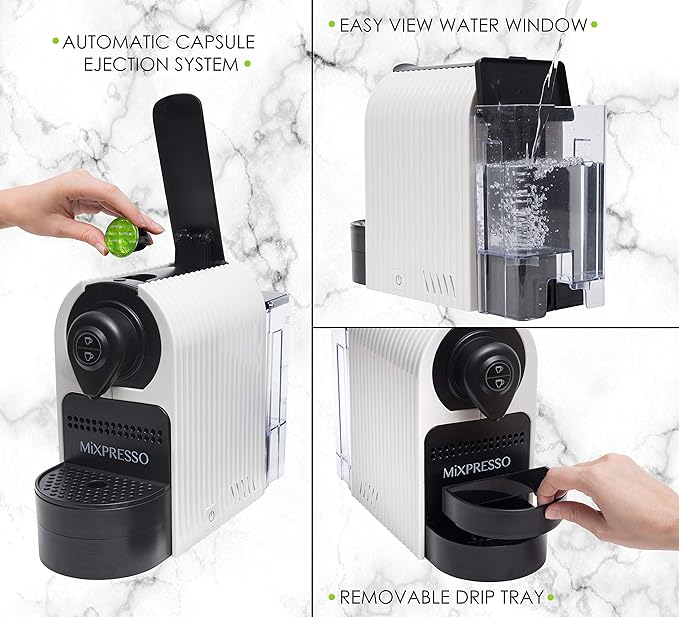 Mixpresso White Espresso Coffee Machine – Compact 1400W Single Serve Coffee