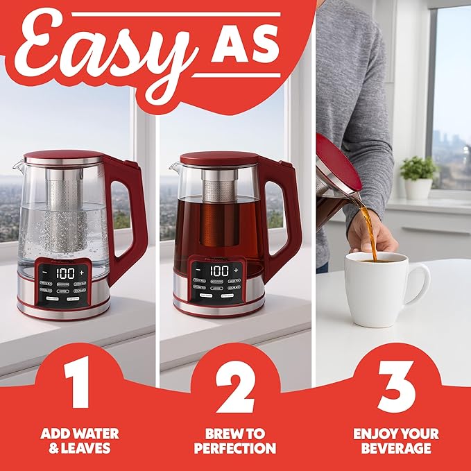 Gourmia Electric Programmable Glass Kettle – 1.7L Temperature Control Tea &