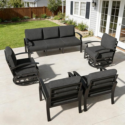 RTDTD Aluminum Outdoor Patio Furniture Set,5 Pieces 7 Seats Patio Conversation Sets with 2 Swivel Rocking Chairs,Metal Patio Sectional Furniture Set with 5.1" Thickened Cushions,Black