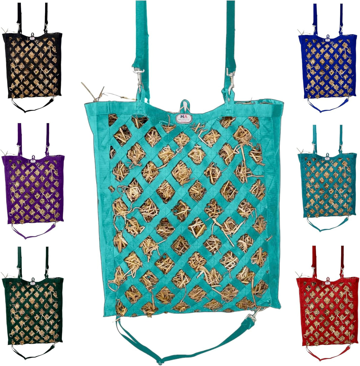 Majestic Ally Premium Nylon Hay Bag for Horses and Livestock, Simulates Grazing, Slow Feeding, Heavy-Duty PP Webbing,Quick-Adjust Straps, Small Hole for Digestion, Multiple Colors (Turquoise)