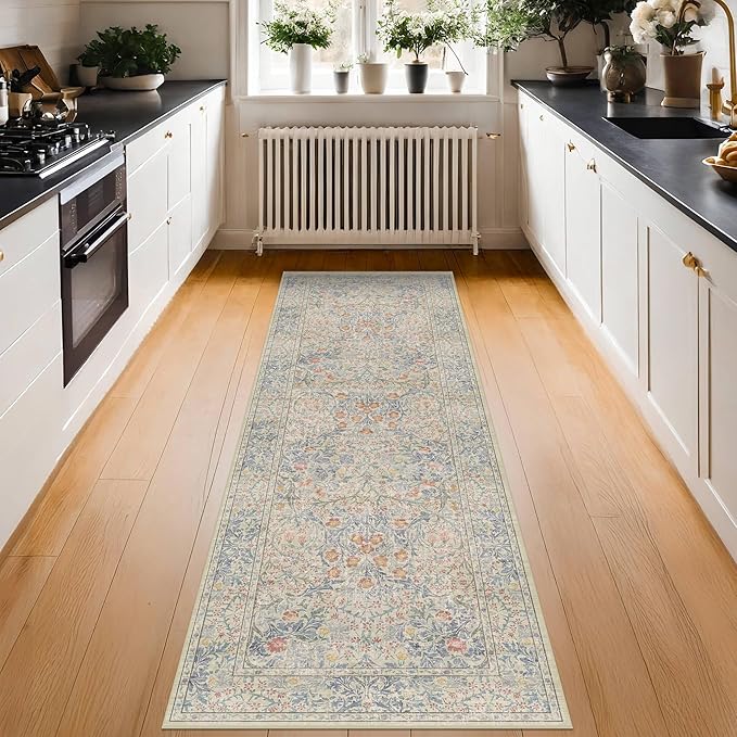 Non Slip Beige Blue Hallway Runner Rug - Long Runner Rugs 2x7 Washable Kitchen Floor Mat, Laundry Room Rug, Bathroom Runner - Vintage Design Décor