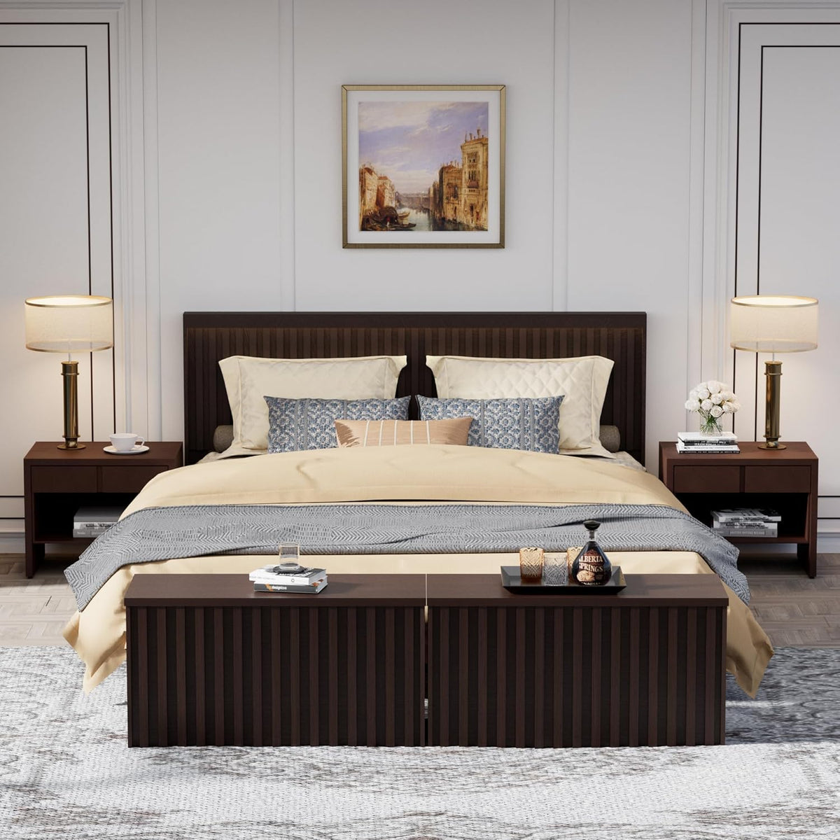 UEV Storage Bench Set of 2, 39.4" Wood Storage Trunk with 2 Safety Hinges, Sturdy Storage Chest, Fluted Wood Leg, Walnut
