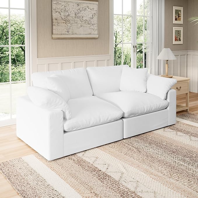 Modular Sectional Sofa Cloud Couch,78.6" Down Filled Comfy Cloud Modern Sofa,2 Seater with White Linen Couch Cushion Covers Removable Furniture for Living Room