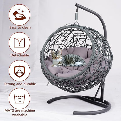 Anwick Cat Swing Bed with Stand & Cushion Indoor Outdoor, Egg Chair(Gray) | with Rattan Wicker Appearance, Indoor Hanging Swinging Hammocks for Cat, Dogs, and Small Animals Bedroom Porch