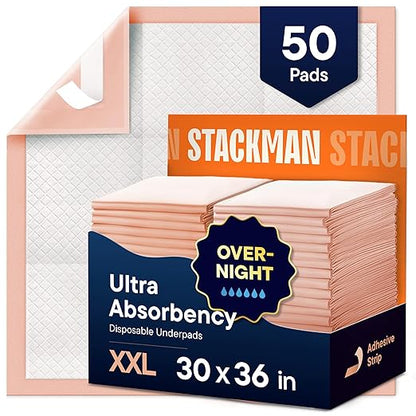 Heavy Absorbency Bed Pads, XXL Disposable 30 x 36 Chucks Pee Pads for Incontinence Bed Wetting for Adults, Elderly & Kids [50 Pads] Extra Large Underpads - 30x36 - With 2 Adhesive Strips on Each Pad | XXL Bed Pads for Incontinence Bed Wetting for Adult...