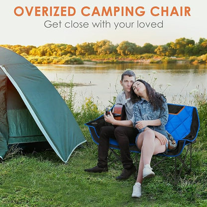 EMERIT Double Camping Chair Oversized Padded for Adults, Heavy Duty Folding Loveseat for Outdoor, Camping, Beach, Lawn, Concert 650LB
