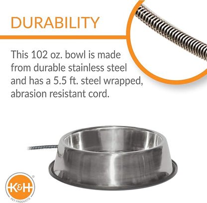 K&H Pet Products Thermal-Bowl Heated Water Bowl for Cats & Dogs Outside, Safety Listed Outdoor Heated Dog Dish for Pets, Automatic No Freeze, Anti Chew Cord - 102 Ounces Stainless 25W | Outdoor Water Stays Unfrozen In Winter. Outdoor Heated Dog Dish fo...