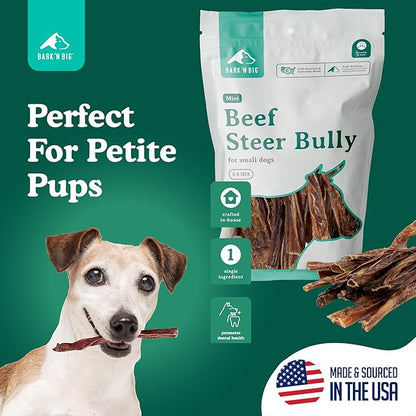 BARK'N BIG USA Beef Steer Sticks for Dogs 5-6 Inch Mini Bully Sticks - Natural Single Ingredient Dog Chews for Small Dogs & Puppies - Made in USA - 15 Count