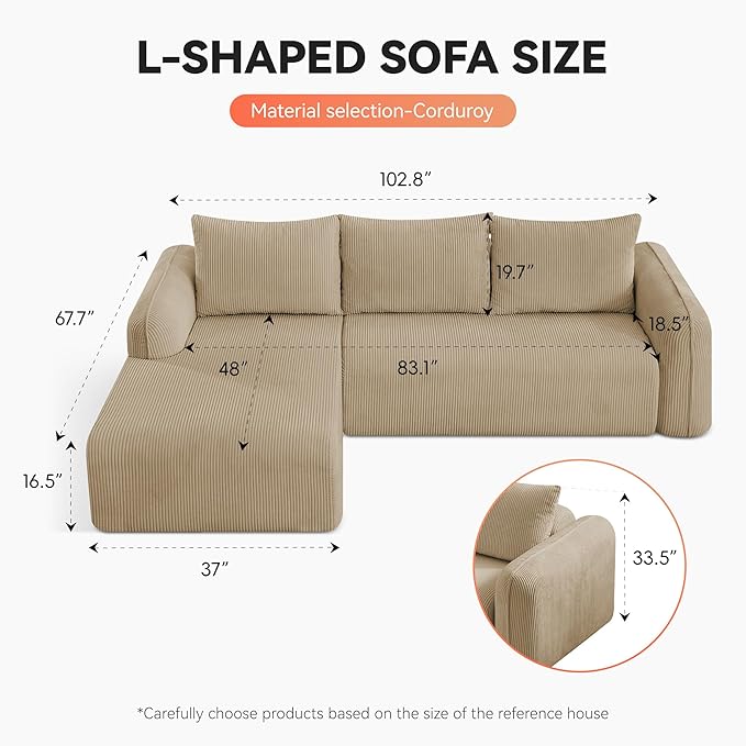 103'' Boneless Corduroy L Shaped Couch, 3 Seat Modular Sectional Deep Seat Sofa with Chaise Lounge, No Assembly Cloud Lounge Sleeper Sofa, Camel