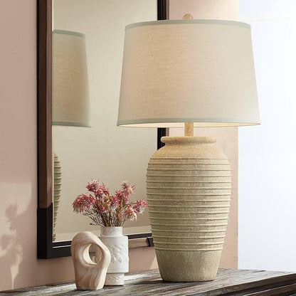 John Timberland Austin Country Cottage Southwest Style Jug-Shaped Table Lamp 28" Tall Sand Tone Desert Ridged Cream Linen Drum Shade for Living Room Bedroom House Bedside Nightstand Home Office
