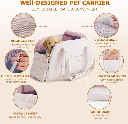 Dog Carrier Tote Bag, Foldable Soft Sided Breathable Mesh Lightweight Travel Handbag with Padded Handles, Lace Decor Portable Pet Purse for Small Puppy Kitten Cat Up to 15 Lbs (Pink)