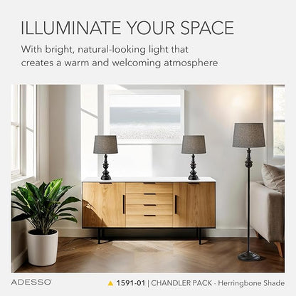 Adesso 3-Piece Lamp Set: Two Table Lamps & One Floor Lamp – Bronze Finished Base, Dark Herringbone Shade, Stylish and Cohesive Lighting for Any Space