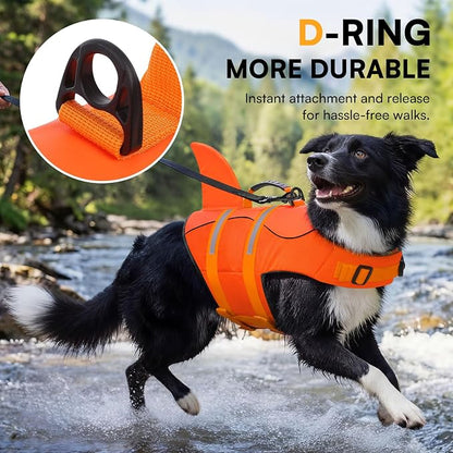Dog Life Jacket, Dog Life Vest for Swimming, Puppy Shark Swimming Vest with Rescue Handle, Reflective Adjustable Pet Lifesaver Preserver for Small Dogs, Orange XS