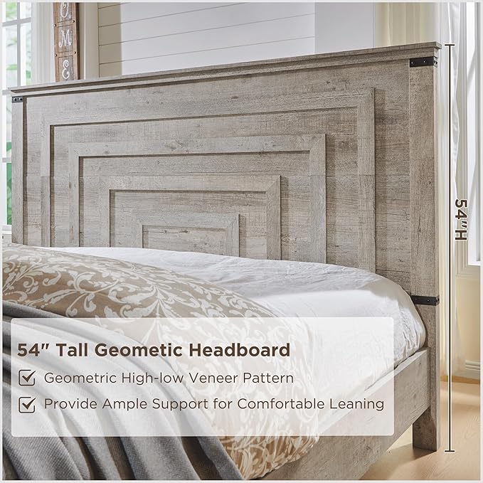RedLemon Farmhouse Queen Size Bed Frame w/ 54" Tall Geometric Headboard, Rustic Wood Platform Bed w/ 2 Large Storage Drawers, Wood Slats Support, Noise Free, No Box Spring Needed, Light Rustic Oak