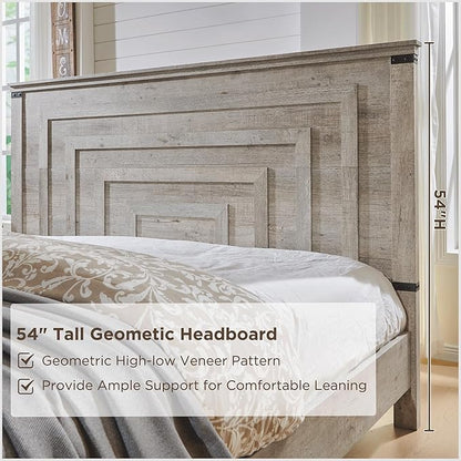 RedLemon Farmhouse Queen Size Bed Frame w/ 54" Tall Geometric Headboard, Rustic Wood Platform Bed w/ 2 Large Storage Drawers, Wood Slats Support, Noise Free, No Box Spring Needed, Light Rustic Oak