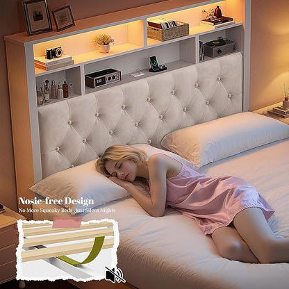 EnHomee Full Size Bed Frame with 4 Storage Drawers and Headboard Upholstered,Wooden Full Bed Frame with Charging Station and LED Light,NO Noise,No Box Spring Needed,Beige