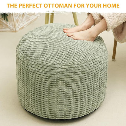 Round Stuffed Pouf Ottoman for Foot Rest, Storage Ottoman Pouf Foot Stool Cushion, Faux Fur Poufs with Foam Chunk Filling, 20 X 15 Inch Floor Chair for Living Room Bedroom Home Decor, Green