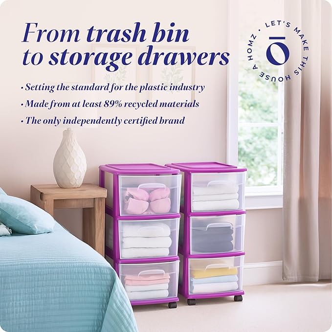 HOMZ 2-Pack Drawer Tower, 3-Tier Clear Plastic Storage Organizer Cart, and